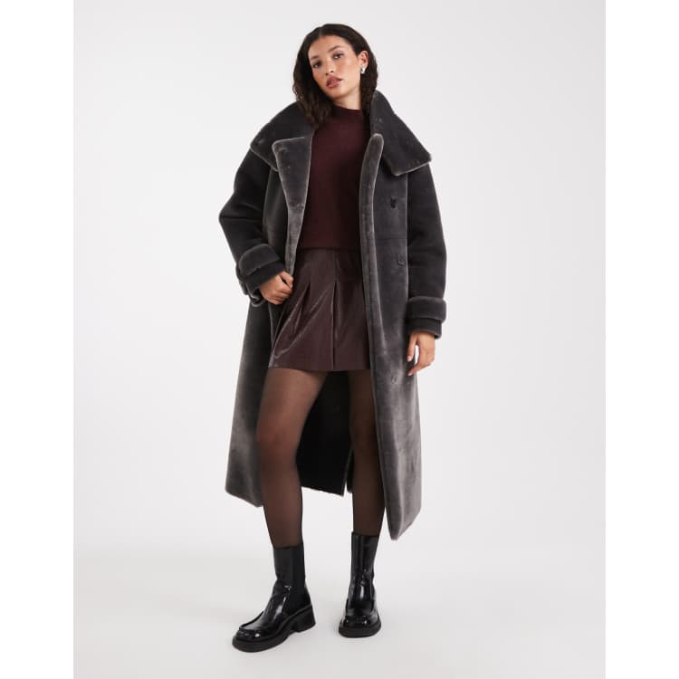 ASOS DESIGN longline cozy teddy funnel neck coat in charcoal | ASOS