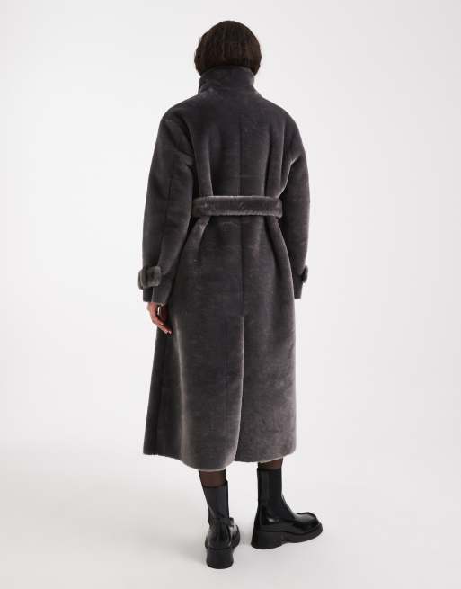 ASOS DESIGN longline cosy borg funnel neck coat in charcoal