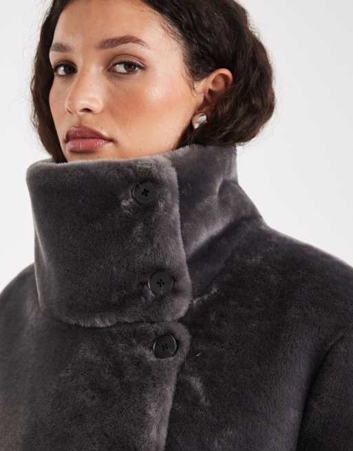 ASOS DESIGN longline cosy borg funnel neck coat in charcoal
