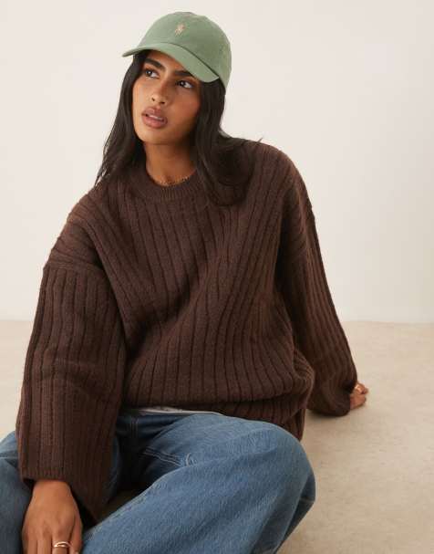 ASOS DESIGN longline crew neck jumper in rib in chocolate - view 1