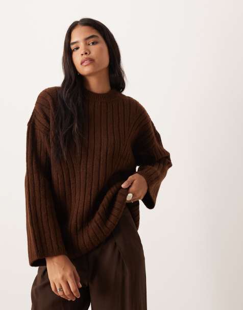 ASOS DESIGN longline crew neck jumper in rib in chocolate - view 1