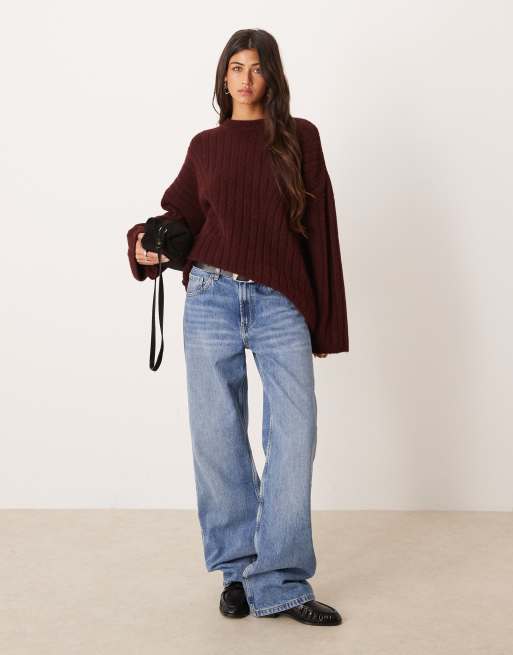 ASOS DESIGN longline crew neck jumper in rib in olive, 2 of 4
