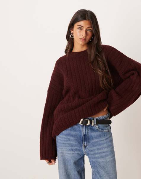 ASOS DESIGN longline crew neck jumper in rib in plum - view 1
