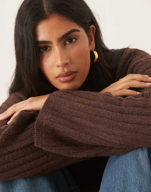 ASOS DESIGN longline crew neck rib knit sweater in chocolate