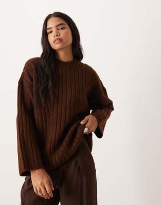 Asos Design Longline Crew Neck Rib Knit Sweater In Brown