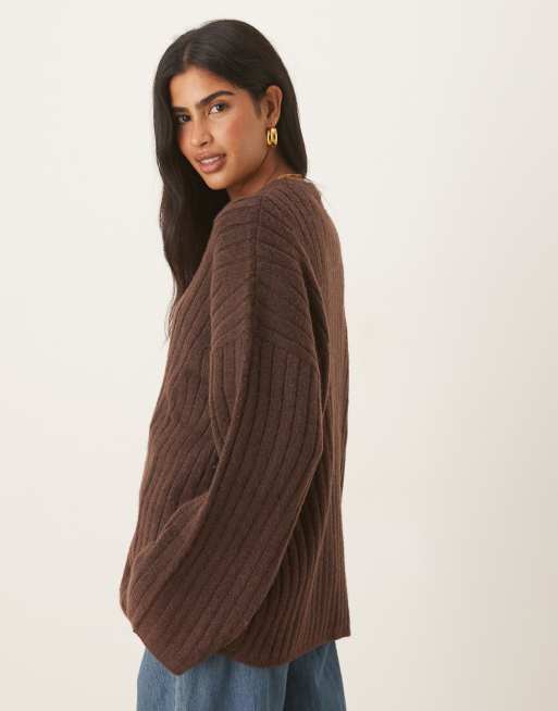 ASOS DESIGN longline crew neck rib knit sweater in chocolate | ASOS