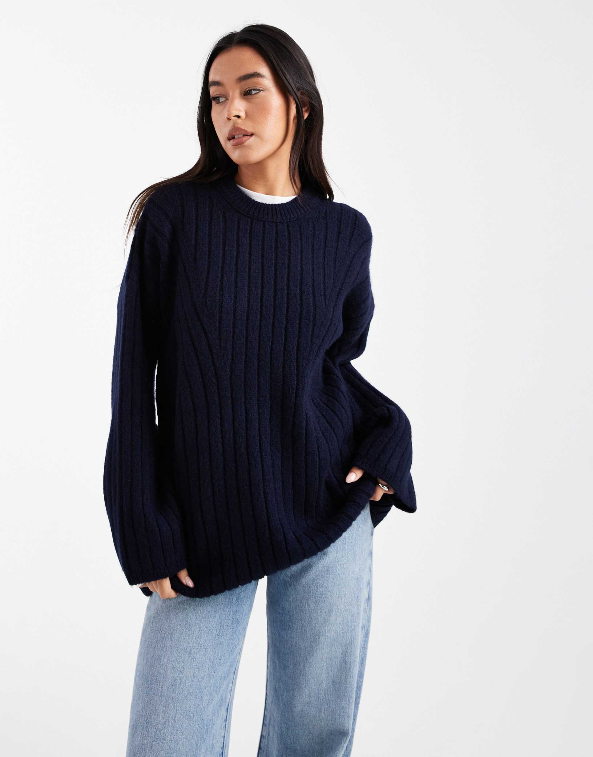 asos design longline crew neck rib knit sweater in navy