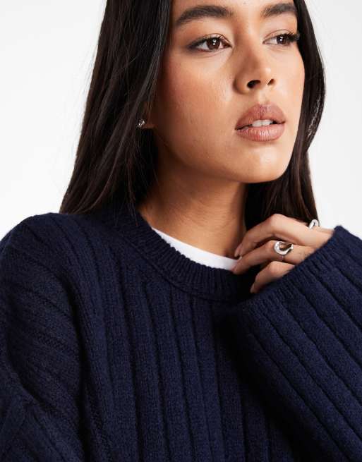 ASOS DESIGN longline crew neck rib knit sweater in navy | ASOS