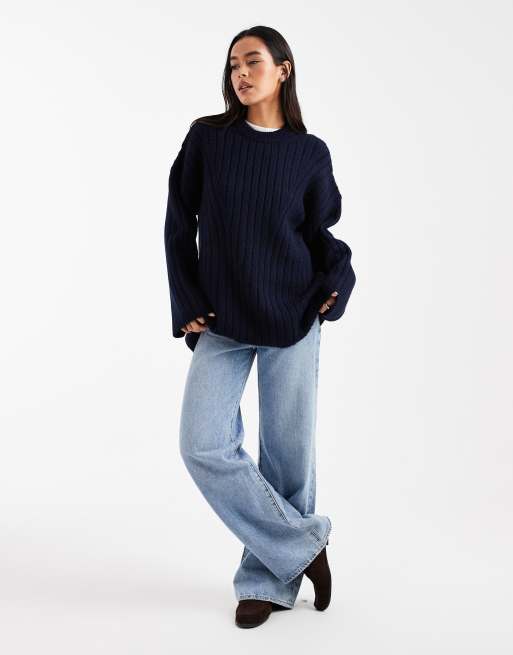 ASOS DESIGN longline crew neck rib knit sweater in navy ASOS