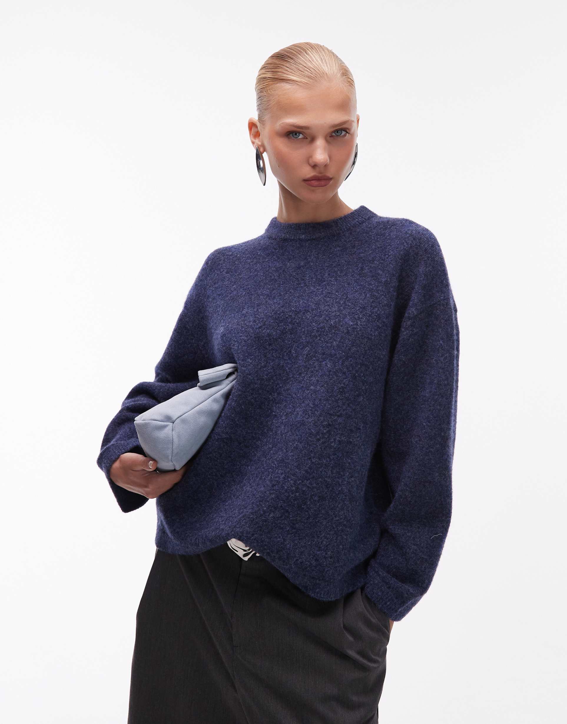 asos design longline crew neck sweater in navy