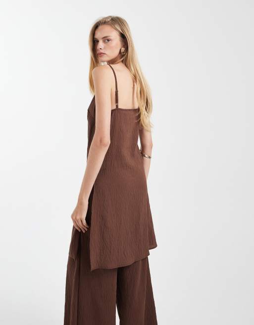 ASOS DESIGN longline crinkle cami top co-ord with split in chocolate, 4 of 4