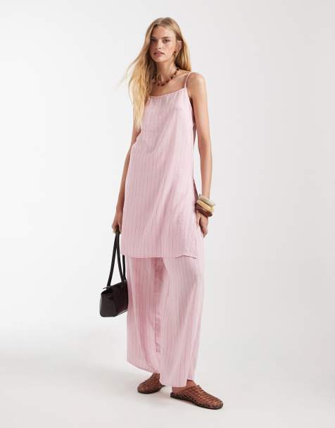 ASOS DESIGN longline crinkle cami top co-ord with split in pink stripe - view 1