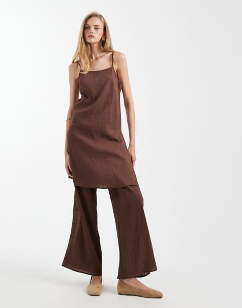 ASOS DESIGN longline crinkle cami top set with split in chocolate - view 1