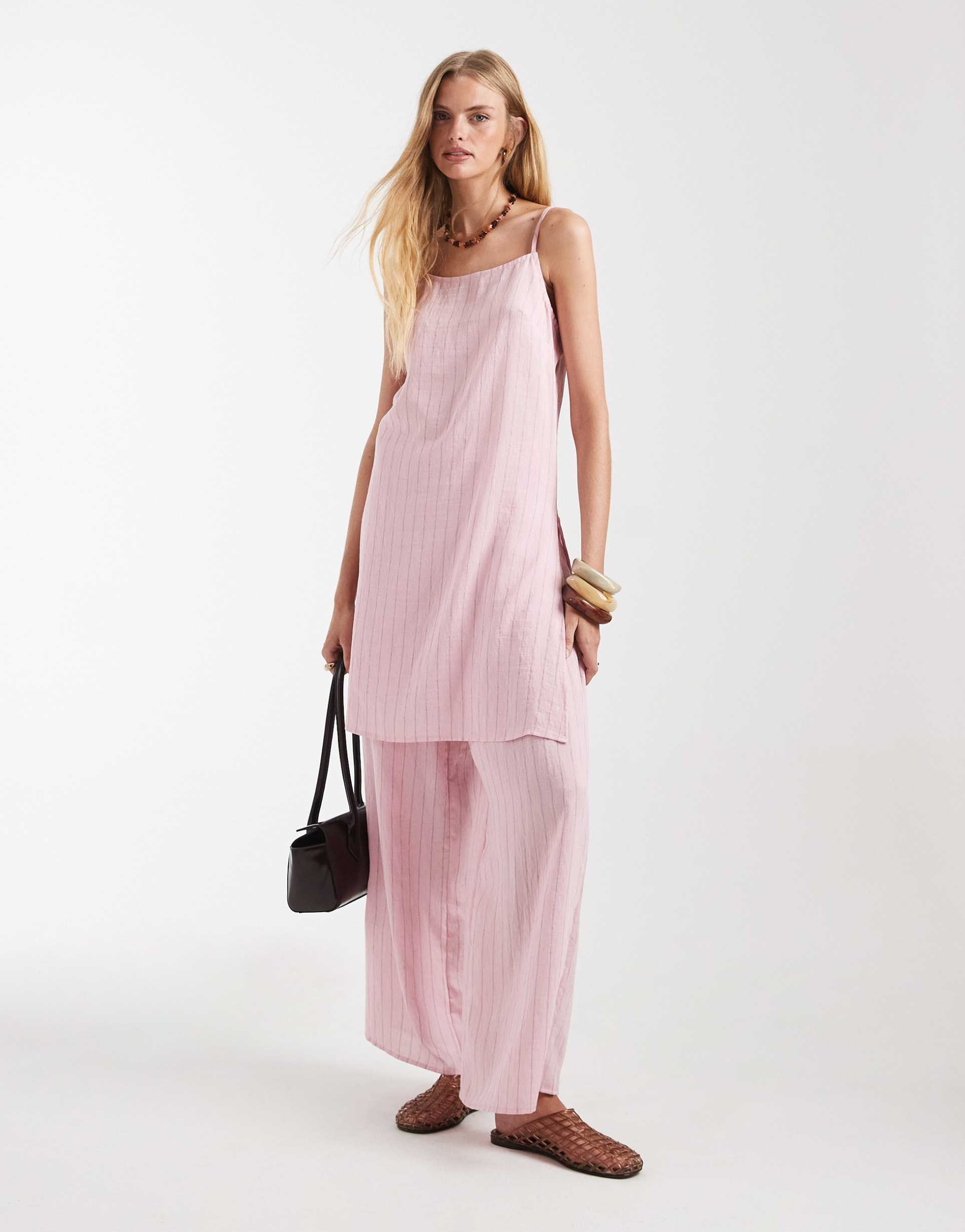 asos design longline crinkle cami top with split in pink stripe - part of a set