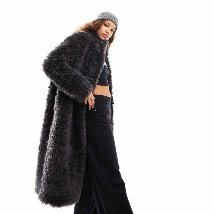 ASOS DESIGN longline curly faux sheepskin coat in charcoal