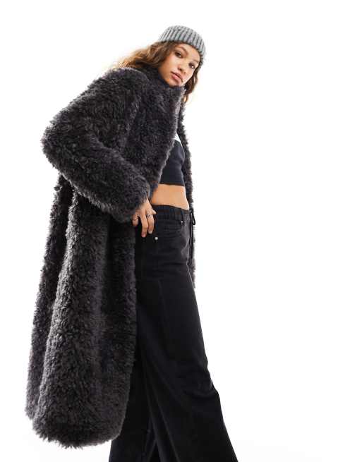 ASOS DESIGN longline curly faux sheepskin coat in charcoal