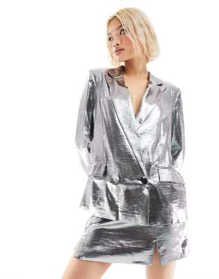 Asos Design Longline Double Breasted Blazer In Silver