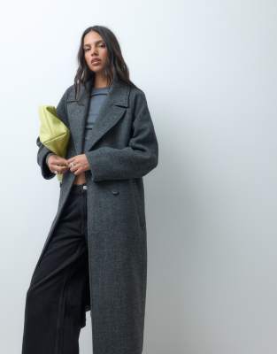 Asos Design Longline Double Breasted Brushed Coat In Gray