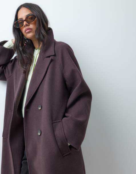 ASOS DESIGN longline double breasted coat in chocolate plum - view 1