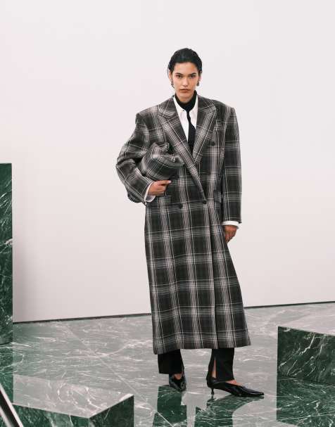 ASOS DESIGN longline double breasted jacket in brown and gray plaid - view 1