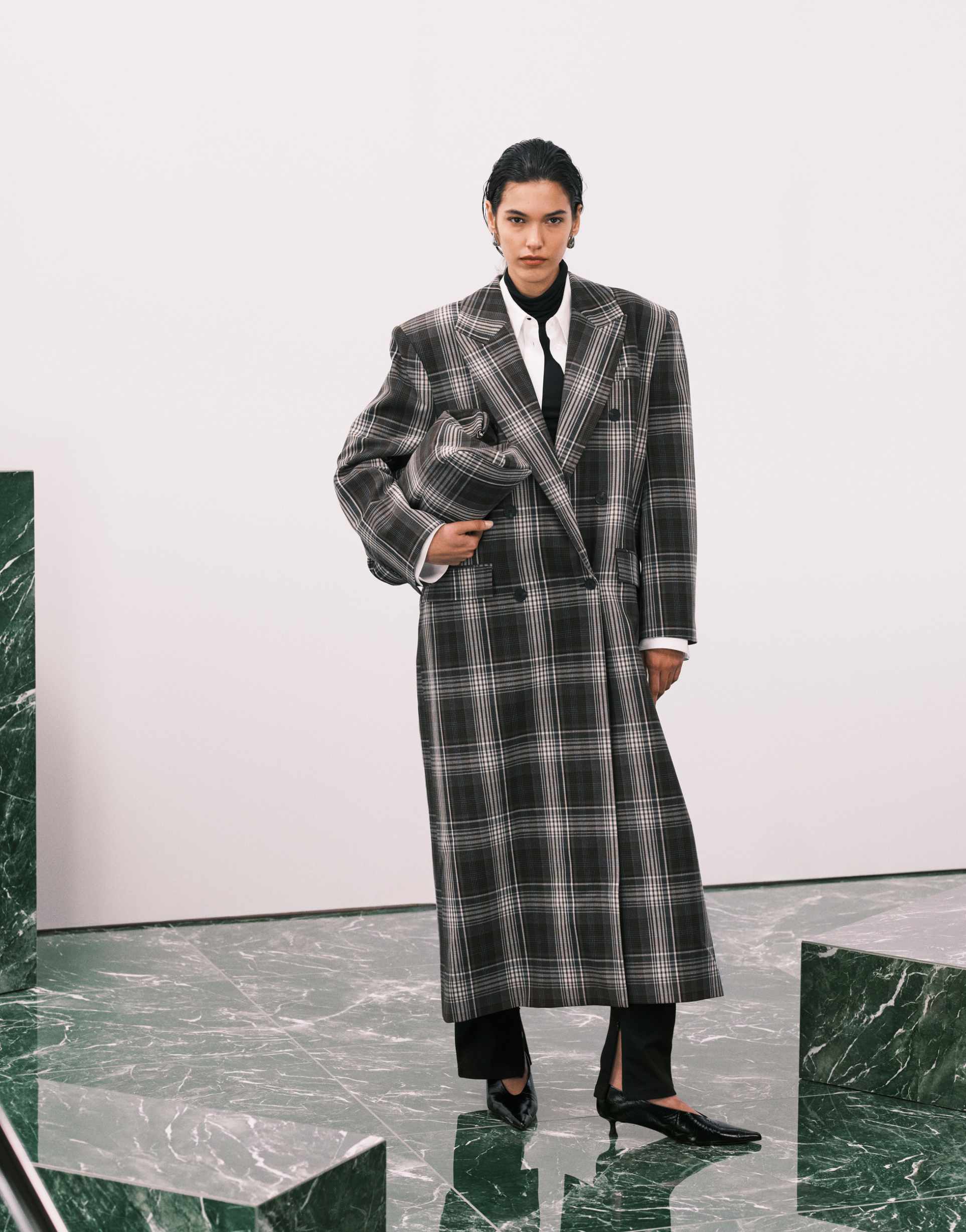 asos design longline double breasted jacket in brown and gray plaid