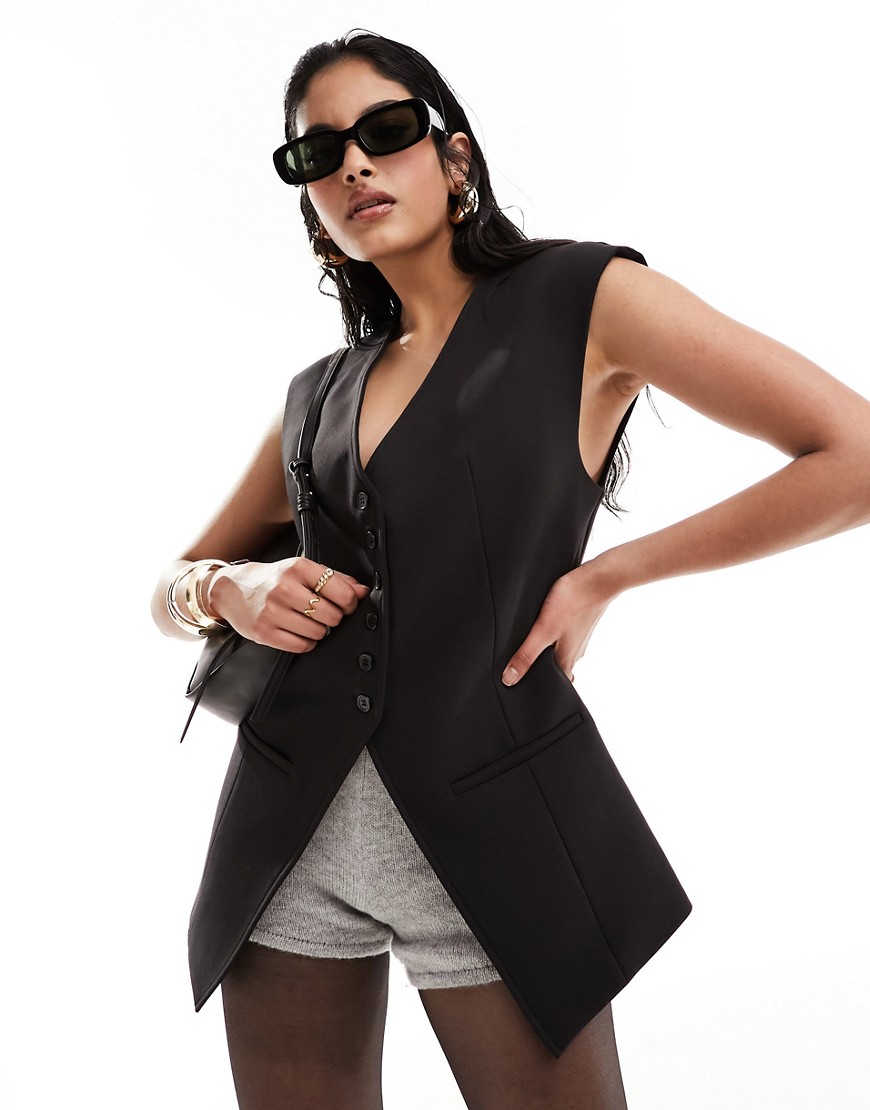 longline exaggerated shoulder vest in black