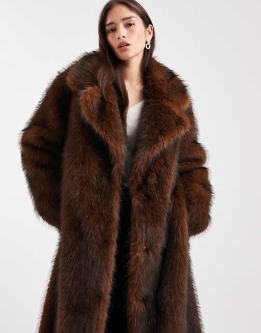 ASOS DESIGN longline faux fur belted jacket in chocolate