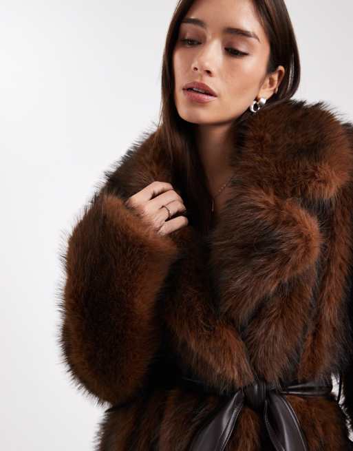 ASOS DESIGN longline faux fur belted jacket in chocolate