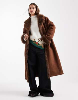 Asos Design Longline Faux Fur Bonded Shearling Jacket In Animal Print