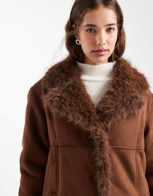 ASOS DESIGN longline faux fur bonded shearling jacket in brown
