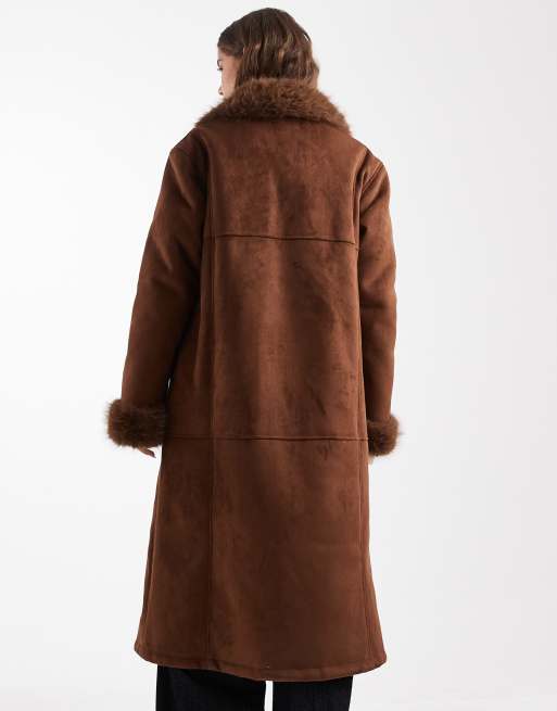 ASOS DESIGN longline faux fur bonded shearling jacket in brown