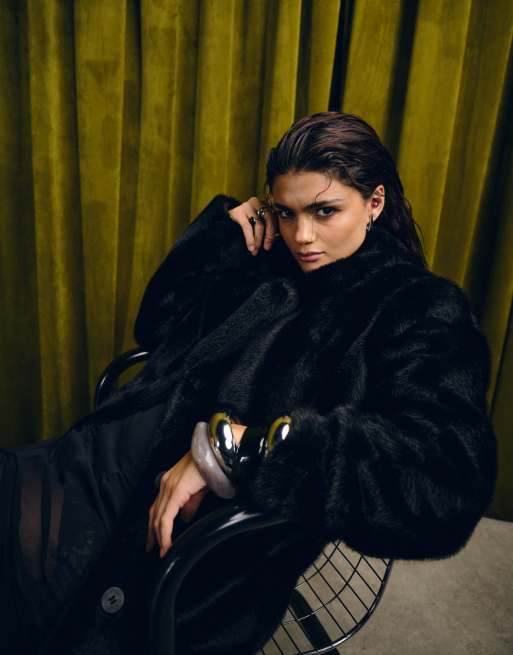 ASOS DESIGN longline faux fur car coat in black, 2 of 4