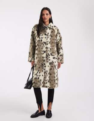 Asos Design Longline Faux Fur Car Coat In Multi