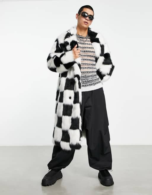 Topshop Petite faux fur checkerboard longline jacket in monochrome