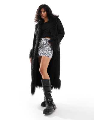 longline faux suede and fur coat in black