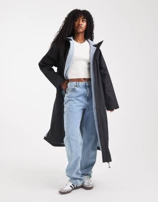 Asos Design Longline Fleece Lined Rain Coat In Black