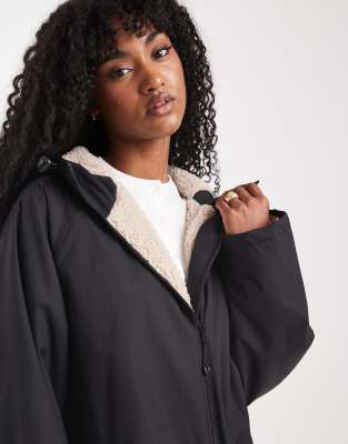 Asos Design Longline Fleece Lined Rain Coat In Black