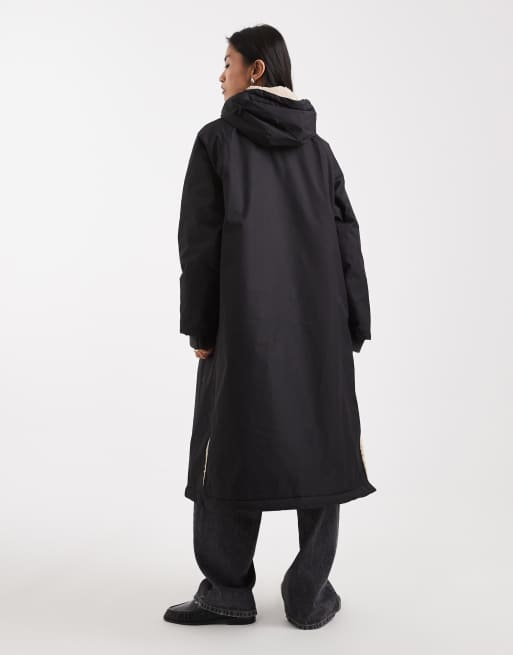 ASOS DESIGN longline fleece lined rain coat in black, 3 of 4