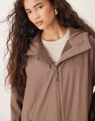 Asos Design Longline Fleece Lined Rain Coat In Brown