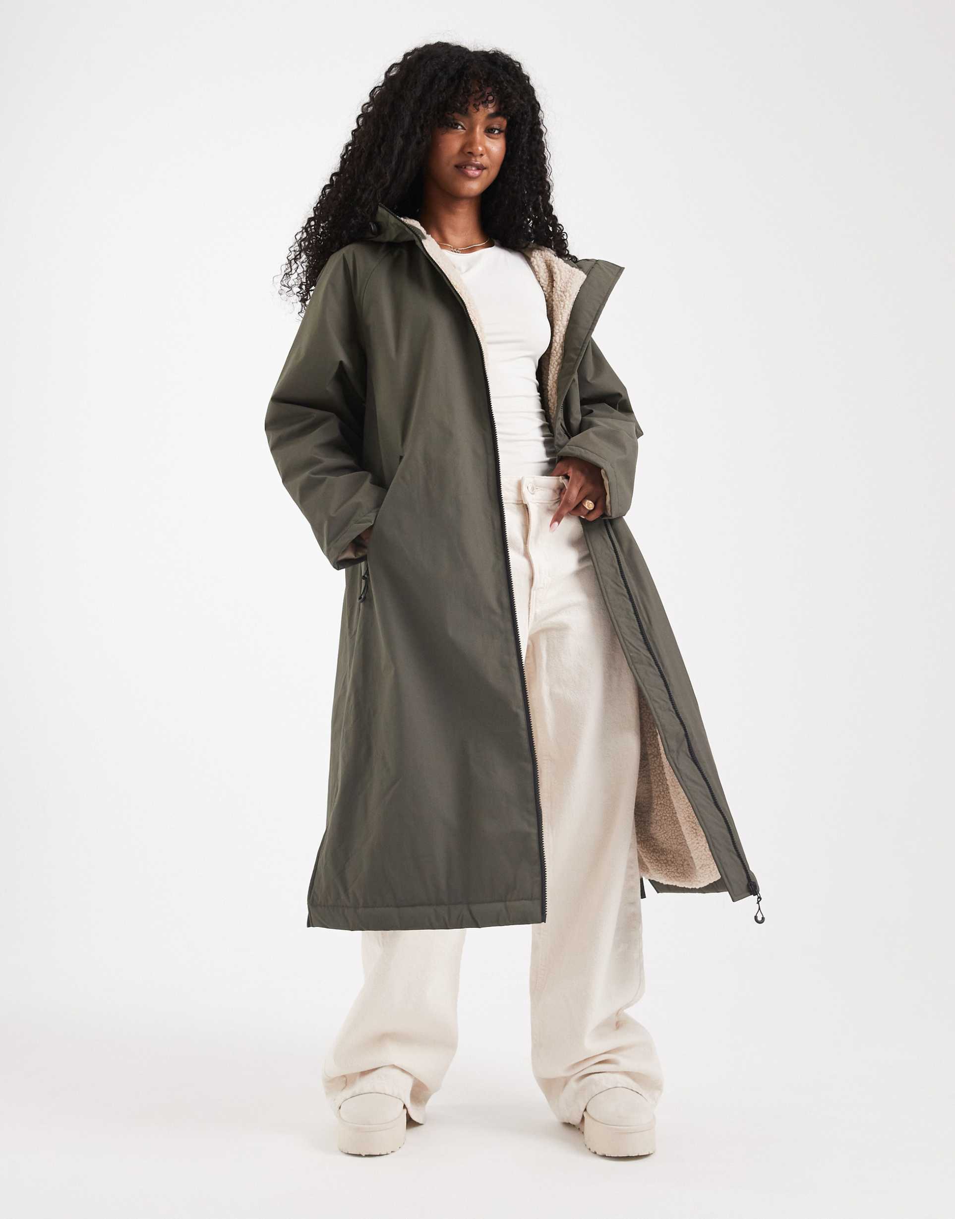 asos design longline fleece lined rain coat in olive