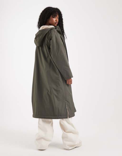 ASOS DESIGN longline fleece lined rain coat in olive, 3 of 4