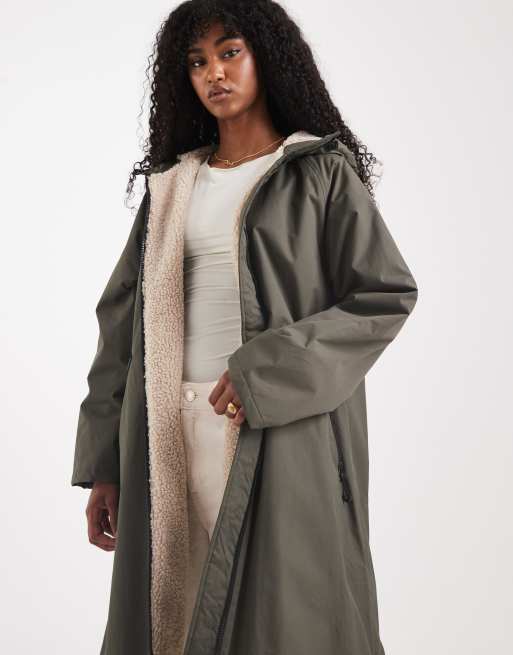 ASOS DESIGN longline fleece lined rain coat in olive