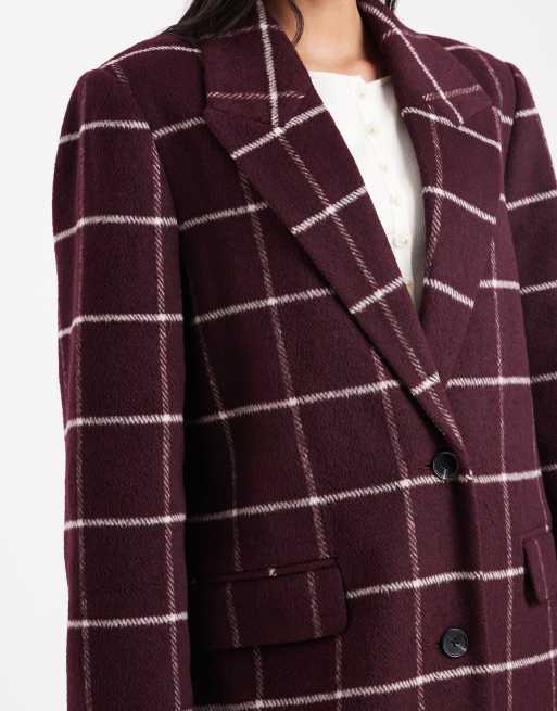 ASOS DESIGN longline formal coat in burgundy plaid