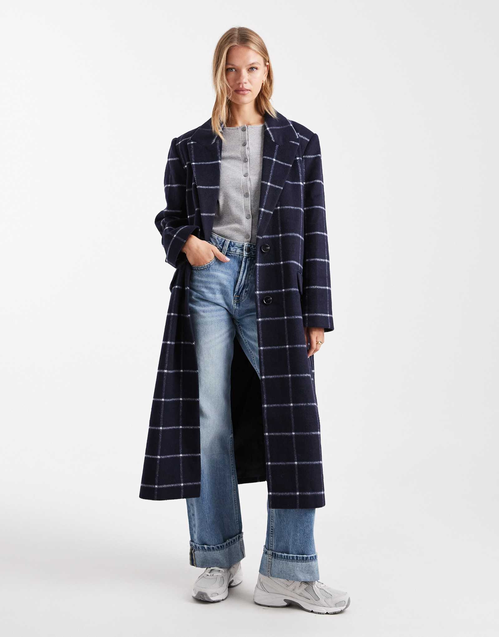 Вечернее удлиненное пальто в темно-синюю клетку от ASOS DESIGN