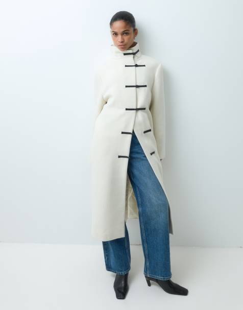 ASOS DESIGN longline formal coat with frog closure trims in cream - view 1
