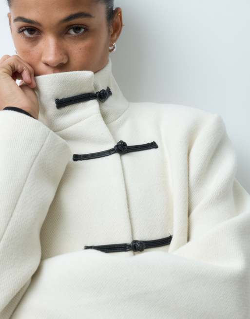 ASOS DESIGN longline formal coat with frog closure trims in cream, 2 of 5