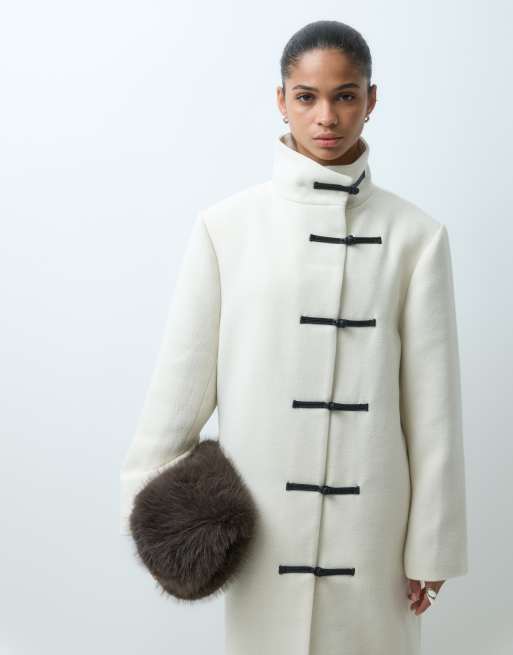 ASOS DESIGN longline formal coat with frog closure trims in cream, 4 of 5