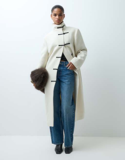 ASOS DESIGN longline formal coat with frog closure trims in cream, 5 of 5