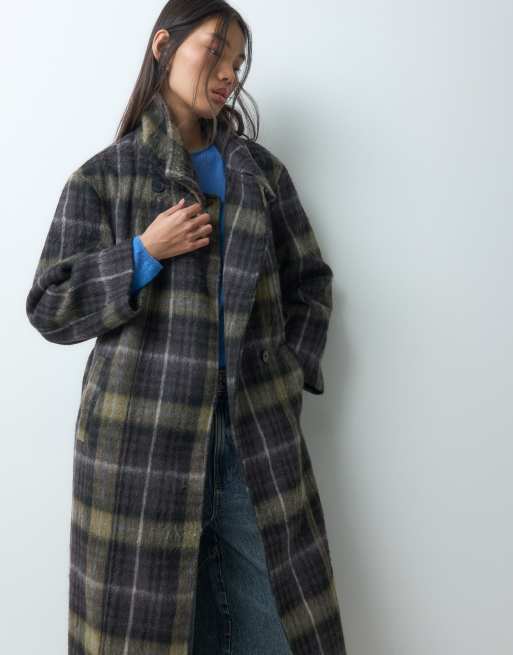 ASOS DESIGN longline funnel neck belted formal coat in blue check, 2 of 5