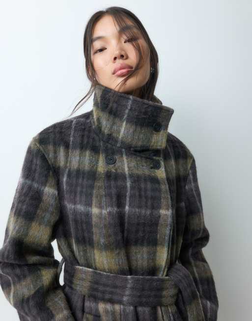 ASOS DESIGN longline funnel neck belted formal coat in blue check, 3 of 5